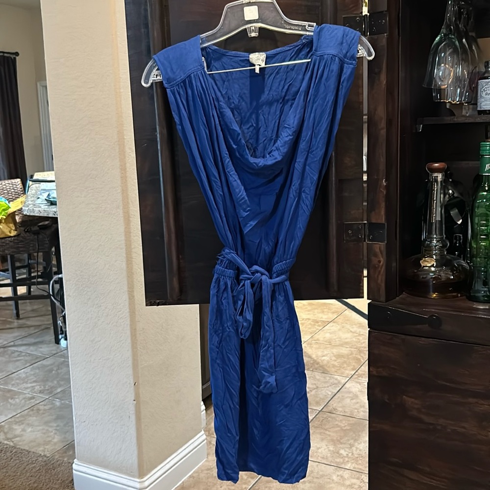 Bobi blue mini dress sz XS self tie- elastic waist cowl neck